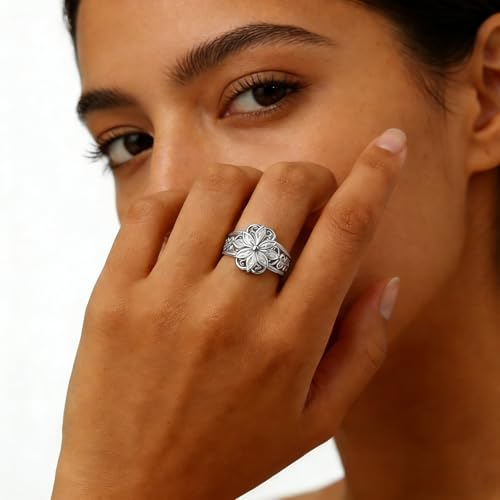 925 Sterling Silver Floral Filigree Ring for Women 14K Gold/Silver Plated,Vintage Classic Flower Statement Ring Jewelry Gifts for Her,Dainty Promise Ring for Anniversary Wedding Engagement Daily Size:6-10 - color: Silver