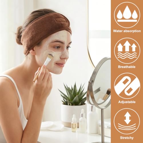 Whaline 4Pcs Spa Facial Headbands Make Up Wrap Head Terry Cloth Headband Soft Adjustable Towel Band for Face Washing Shower Facial Cover Yoga (Coffee) - color: Coffee