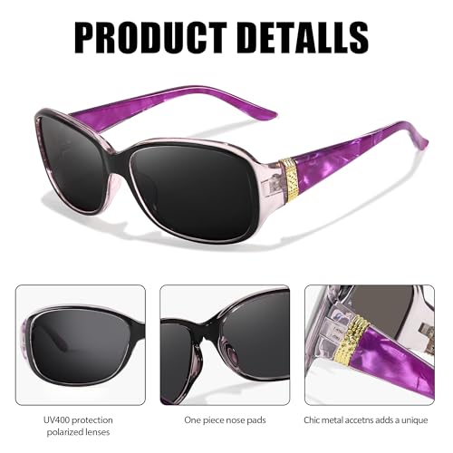 LVIOE Trendy Sunglasses for Women, Polarized Chic Wrap Around Sun Glasses UV400 Protection - color: A5 Black Purple Frame/Grey