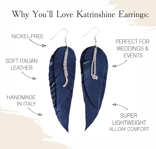 Black shiny Leather Feather Earrings for Women, Lightweight Minimal Boho Dangle Earrings, Small Simple Everyday Jewelry - color: Dark blue
