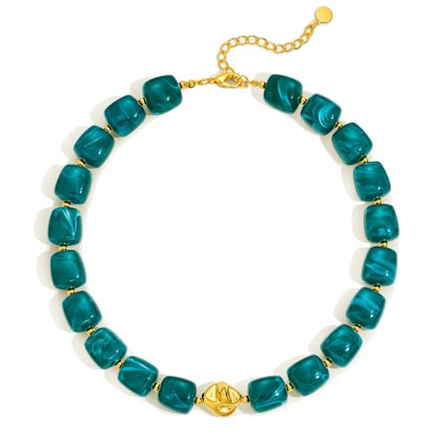 Colorful Chunky Necklaces for Women Multicolored Large Square Acrylic Beads Necklace Trendy Bold Statement Beaded Necklace Summer Vacation Choker Jewelry - color: Teal Blue