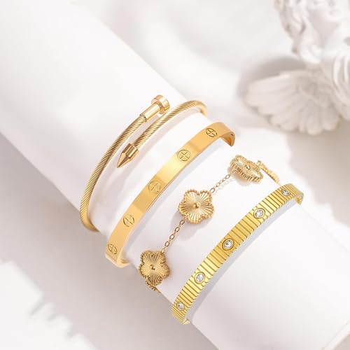 Womens Stackable Floral Gold Bracelets - 4Pcs 18K Gold Plated Bracelet,Stainless Steel Bangle Bracelets Non Tarnish, Gold Bracelet Set Trendy Jewelry,Christmas Valentines Birthday Gifts for Girlfriend - color: Bracelets Stack 4Sets (Floral Gold Bracelets,