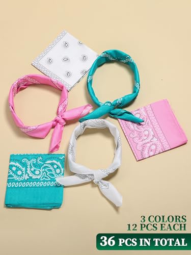 Unittype 36 Pieces Paisley Bandana Cowboy Bandanas Sports Novelty Headband Square Scarf Outdoor for Western Party Costume - color: Light Pink,teal Color,white, style: Simple Style