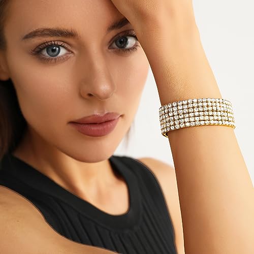 Zealmer Sparkle Multicolor Rhinestone Stackable Stretch Bracelets for Women - color: 6 Row Gold Bracelet