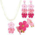 Tondiamo 3 Pcs Raffia Jewelry Set for Women Boho Daisy Flower Necklace, Open Cuff Bracelet, Earrings, Gift for Mom - color: Pink