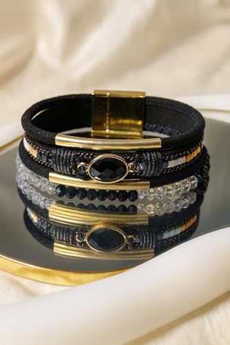 Boho Layered Bracelet for Women – Green Crystal Beaded Wrap Bracelet with Gold Clasp, Multi-Strand Hypoallergenic Statement Jewelry - color: Black Crystal