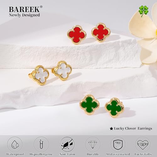 Elegant Black Onyx Clover Stud Earrings, 14K Gold Plated Four Leaf Hypoallergeinc Stud Stainless Steel Flower Earring Lucky Simple Jewelry Gift for Women Shiny Multiple Onyx Colors - color: Red Clover Stud Earrings