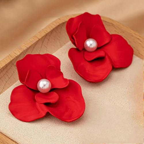 Chunky Large Gold Flower Stud Earring for Women Statement, Boho Big Red Irregular Floral Pearl Earrings Trendy Y2K Prom Party Jewelry Accessories Gift - color: Red