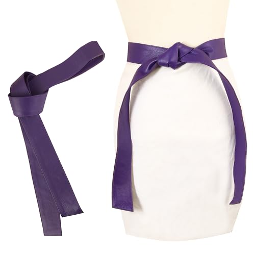 Woman's Obi Sash Tie Plus Size Waist Band Wide Solid Color Genuine Leather Belt - color: Puprle