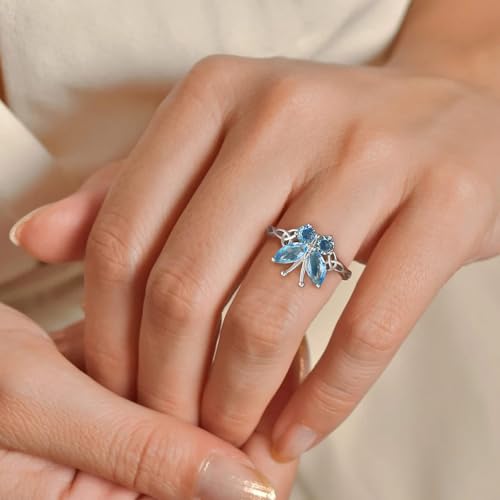 Bestyle 925 Sterling Silver Butterfly Ring Hypoallergnic Adjustable Birthstone Rings for Women Butterfly Jewelry Gifts for Anniversary Mothers' Day Birthday - color: 03.March(Aquamarine)-Ring