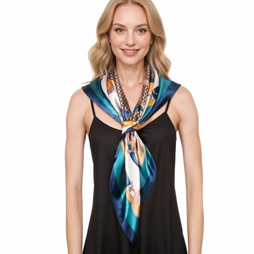 RIIQIICHY Head Scarf for Women Like Silk Scarf Hair Scarf Printed Square Scarf Bandanas for Women 35 Inches - color: Navy/Turquoise/Tan