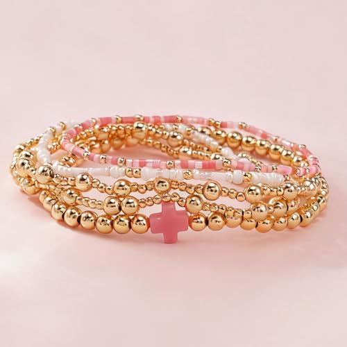 14K Gold Plated Beaded Bracelets Stack Set for Women,Stretch Boho Colorful Beads Ball Jewelry Friendship Summer Trendy - color: Pink cross