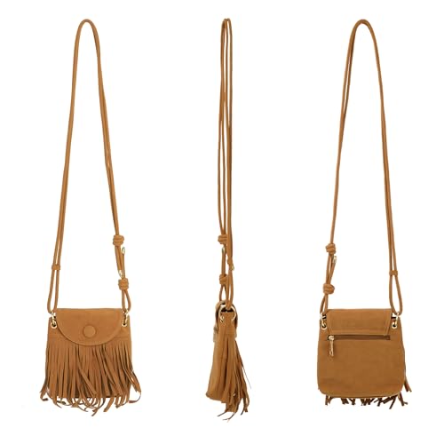 Women Leather Fringe Messenger Bag Mini Hobo Crossbody Tassel Shoulder Bags - color: Suede Brown