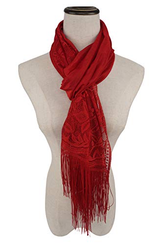 YOUR SMILE Ladies/Women's Lightweight Solid Color Fringe Lace Tassels Long Shawl Scarf For Spring Summer Fall - color: Red