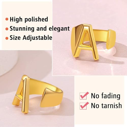 FindChic Customizable Initial Ring Statement 18K Gold Plated Fashion Cuff Rings for Women Alphabet Letter A to Z Resizable Knuckle Ring (with Gift Box) - color: J
