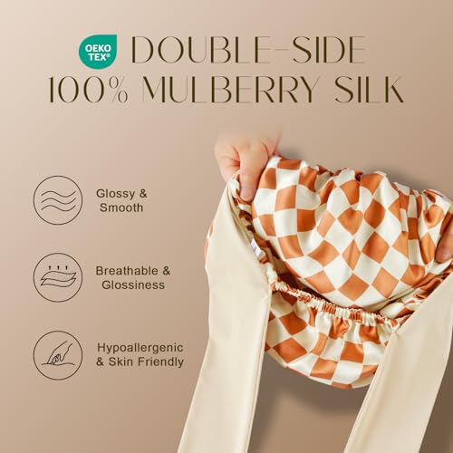 ZIMASILK 100% Mulberry Silk Bonnet for Sleeping Women Long Hair Double Layer Silk Hair Wrap with Tie Band Stay On Head (1Pc, Checkered) - color: Checkered