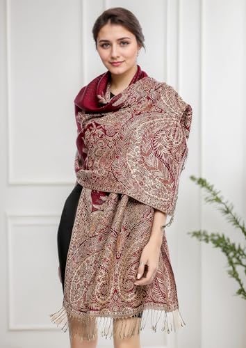 Achillea Reversible Paisley Pashmina Rave Scarf – Exotic Indian Shawls and Wraps for Evening Dresses, Festivals, All Seasons - color: Big Paisley Burgundy