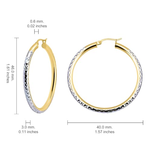 Hoops & Loops 925 Sterling Silver Diamond-Cut Round Hoop Textured 3mm Click-Top Earrings for Women, Slver, Two-Tone 14K Yellow Gold Flash Plate 15/20/25/30/35/40/45/50mm Hoops - color: Two-Tone Gold & Silver, size: 40mm (1.56'')