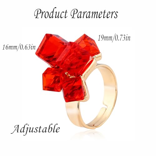 Hebelee Boho Square Crystal Statement Ring for Women Gold-Toned Adjustable Expandable Promise Engagement Geometric Rings Comfort Fit Elegant Art Deco Birthday Christmas Cocktail Party Y2K Jewelry - color: Red