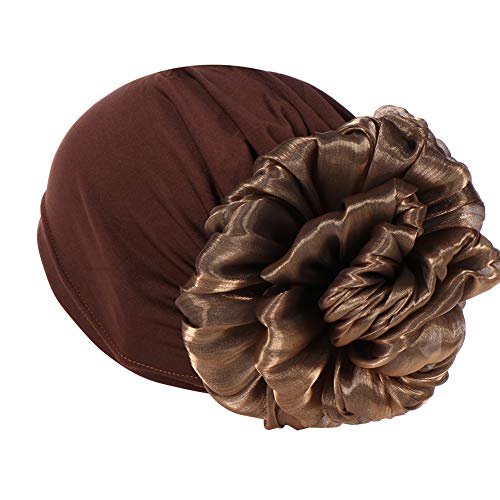 Women Big Flower Turban Hat Head wrap Headwear Cancer Chemo Beanie Cap Hair Loss Cover - color: Brown