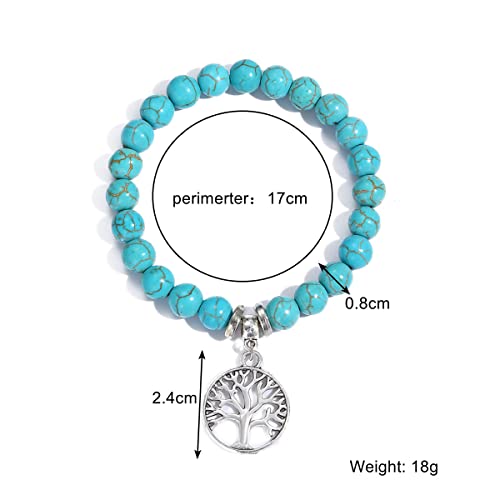 Turquoise Bracelet for Women, 8mm Beaded Stretchable Unisex Bracelet, Boho Turquoise Bead Bracelet Stone Beaded Bracelets Turquoise Jewelry for Women - color: Tree of Life