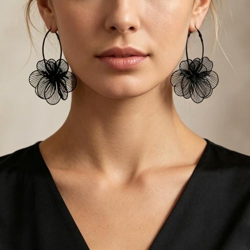 Gold Flower Statement Earrings for Women Boho Trendy Hoop Earrings Floral Dangle Petal Earring Prom Wedding Jewelry Gifts - color: A3:black