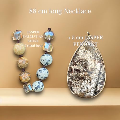 Long Genuine Stone beads and Pendant Necklace for Woman. Hand Knotted natural stone beads with big non-precious stone statement necklace. HANDMADE Boho Jewelry for women. - color: Beige