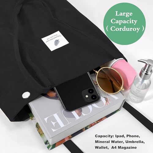 Corduroy Tote Bag for Women Small Canvas Shoulder Purse Cord Handy Bag with Inner Pocket | with Front Pocket - color: 02 Black