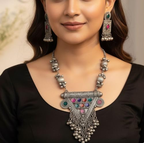 Designer Statement Afghani Antique Oxidised Silver Indian Party Ethnic Tassel Ghungroo Bells Tribal Gypsy Necklace Jewelry Set Women