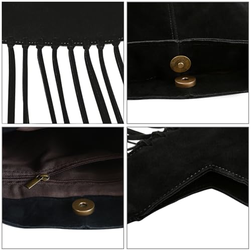 HDE Women's Faux Suede Leather Bag Fringe Tassel Shoulder Purse Western Handbag - color: Black