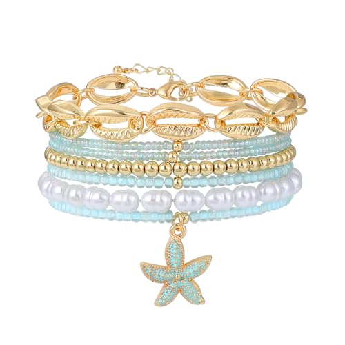 Shell Bracelet Seashell Boho Beaded Stretch Bracelets for Women Summer Beach Bracelets Starfish Charm Bracelet Stackable Gold Plated Bracelets Set for Women - color: h-gold shell 7pcs set