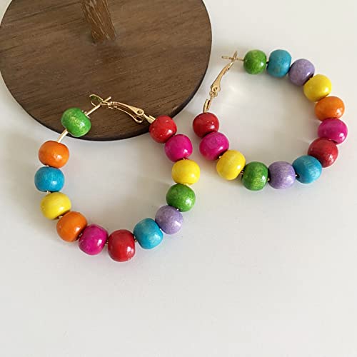 Handmade Nature Wooden Beaded Hoop Earrings Bohemian Minimalist Colorful Circle Round Wood Bead Earrings Vintage Chic Wooden Ethnic Dangle Drop Earrings for Women Statement Jewelry Gifts - color: Color Small Round 1