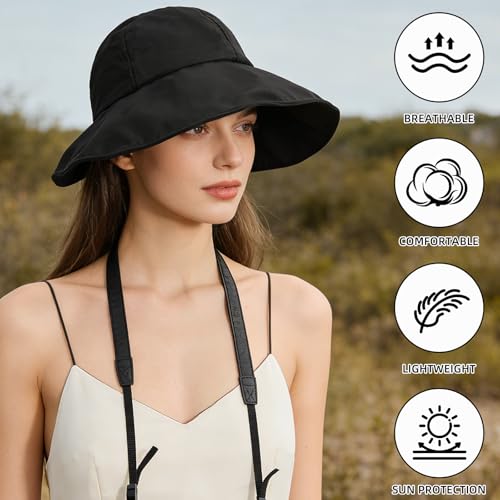 Women Wide Brim Sun Hat Adjustable Packable Beach UV Protection Gardening Hats - color: Black-02