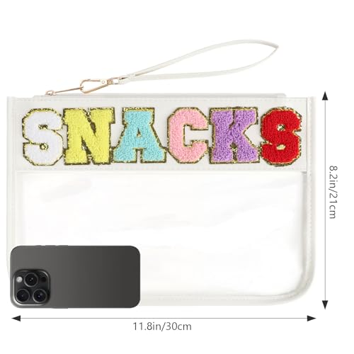 Clear Snack Bag for Travel, Chenille Letter Clear Zipper Snacks Pouch Nylon Cosmetic Bag Makeup Travel Bag for Women - color: White