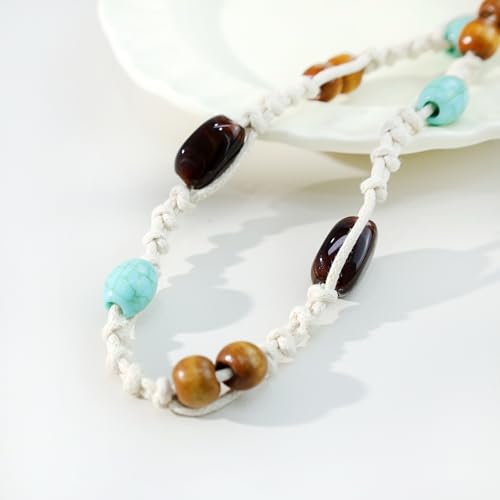 Women Braided Waist Belt Boho Woven Belt with Wooden Beads and Ring Clasp Vintage Long Tassel Rope Tie Belt for Dress - color: Beige 6