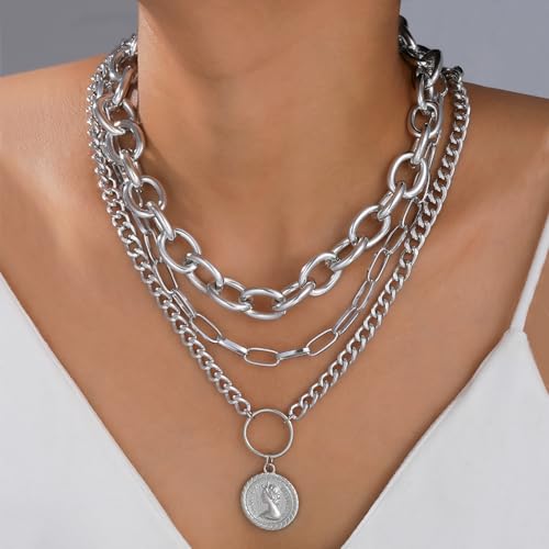 NEWITIN 44 Pieces Chunky Gold Jewelry Set for Women Fashion Costume Jewelry Gold Plated Chunky Necklace Chain Bracelet Ring Hoop Earrings Set for Women - color: Silver B