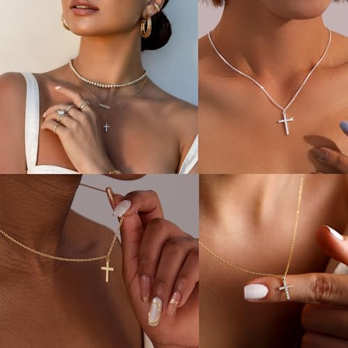 Poxtex Cross Necklace for Women Teen Girls, Dainty 14K Gold Silver Plated Cross Choker Jewelry Non Tarnish Waterproof Cute Simple Small Necklace Christian Baptism Religious Faith Jewelry Gifts - color: 03 Small Cross - Gold