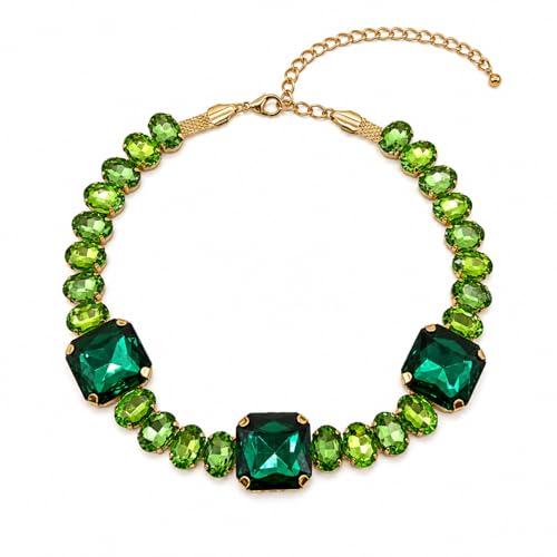 Fashionable Chunky Plated Tennis Rhinestone Statement Necklace Jewelry Set for Women Multicolor gem necklace with Great Sparkle and Shine Design for Women to Easy Match - color: emerald big rhinestone