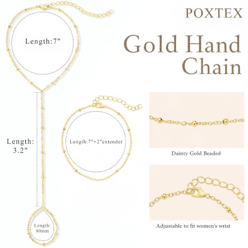 Poxtex Waterproof 14K Gold Plated Hand Chain Bracelet for Women, Non Tarnish Hypoallergenic Beaded Finger Ring Bracelet with Cubic Zirconia, Dainty Minimalist Boho Indian Style Stackable Wrist Body Jewelry for Summer Festival Vacation - color: Gold Beaded