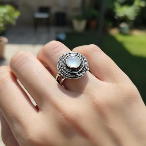 Mulit Circle Cross Lines Thick Top Jade Gem Ring,Silver Plated Cocktail Party Ring,Statement Ring Jewelry Gift for Women - color: RIng_E moonstone