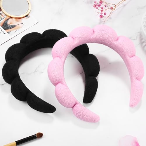Ztomine Spa Headbands for Washing Face or Facial, Set of 2 Skincare Headbands, Terry Cloth Headband Wash Combo Pack - Puffy Makeup Washing, Mask, Skin Treatment (Black & Pink) - color: Black+Pink