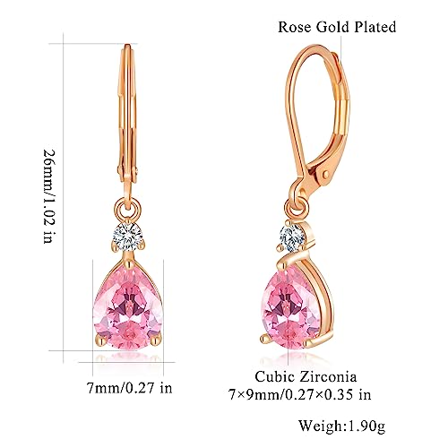 CiNily Teardrop Leverback Dangle Earrings for Women Hypoallergenic 14K Gold Plated Cubic Zircon Drop Earrings Fashion Crystal Earrings for Girls Jewelry Christmas Gifts - color: Pink CZ-Rose Gold Plated