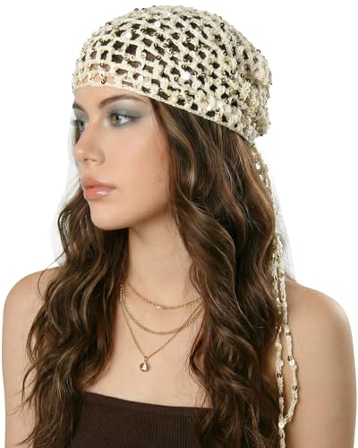Ababalaya Crochet Cotton Head Scarf Boho Hollow Out Triangle Scarf with Shiny Sequin Y2K Hair Scarf - color: Beige