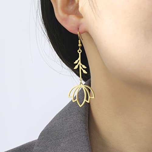 TEAMER Stainless Steel Lotus Flower Dangle Earrings Bohemian Drop Earring Unique Geometric Jewelry for Women - color: Lotus 1-Gold