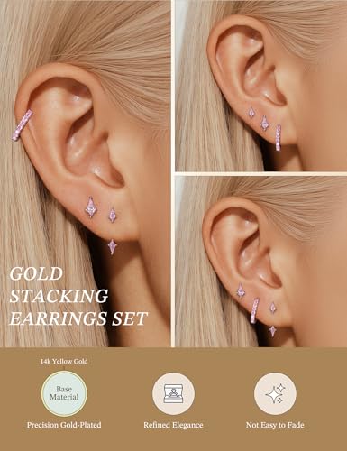 GEORGE · SMITH Stackable Kite Stud Earrings Set for Women, Gold & Silver Huggie Birthstone Jewelry with Emerald Green & Blue Sapphire, Trendy Earrings for Women 2025 - color: Silver,Pink CZ