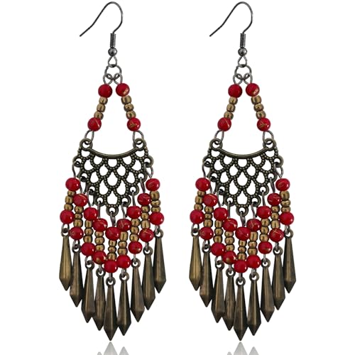 Handmade Vintage Bronze Bohemian Long Tassel Colorful Bead Dangle Drop Earrings Big Tribal Chandelier Geometry Hook Earrings for Women Statement Jewelry Gifts - color: Deep Red