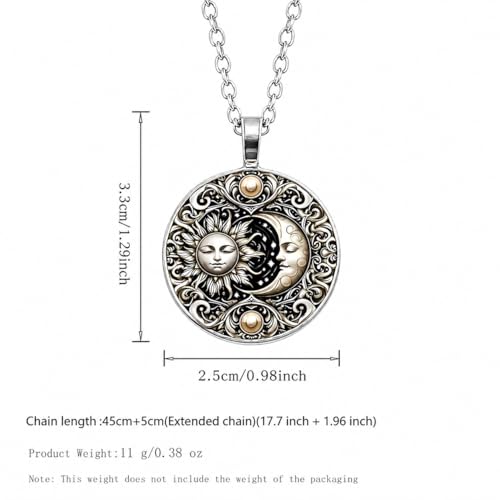 1pc Stunning Round Pendant Necklace - Unique Sun & Moon Pattern, Oil Painting Style Glass Mosaic, Alloy Construction, Trendy Sweater Chain, Fashionable Gift for Women - Christmas or Birthday Gift - color: Gray Moon (Silver)