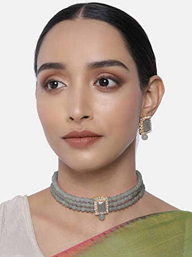 Aheli Ethnic Choker Necklace Earrings Wedding Bollywood Party Jewelry Set Gift for Women - color: Grey