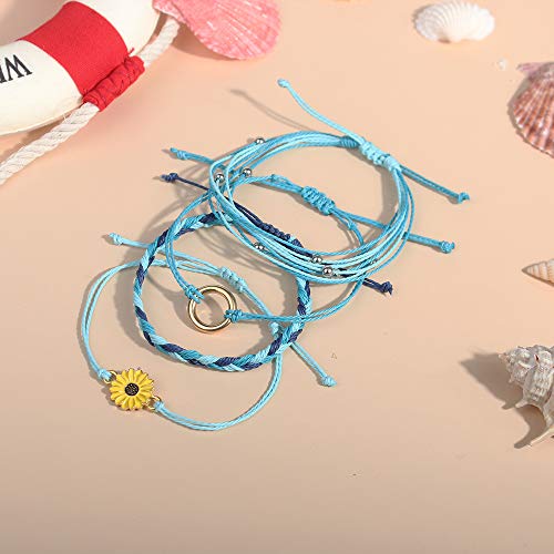 FANCY SHINY Easter Gifts Basket Stuffers Sunflower String Bracelet Boho Braided Rope Wrap Bracelets Cute Summer Beach Surfer Jewelry for Women - color: Skyblue
