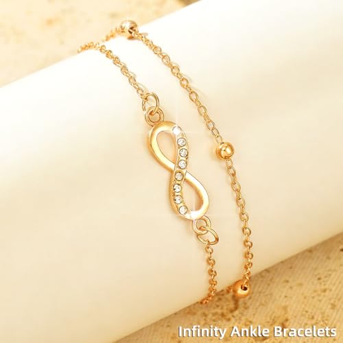 925 Sterling Silver Ankle Bracelets for Women 14K Gold Plated Layered Anklet Sets Dainty Heart Anklets Chain Waterproof Beach Foot Jewelry Gifts - style: Bow-Gold